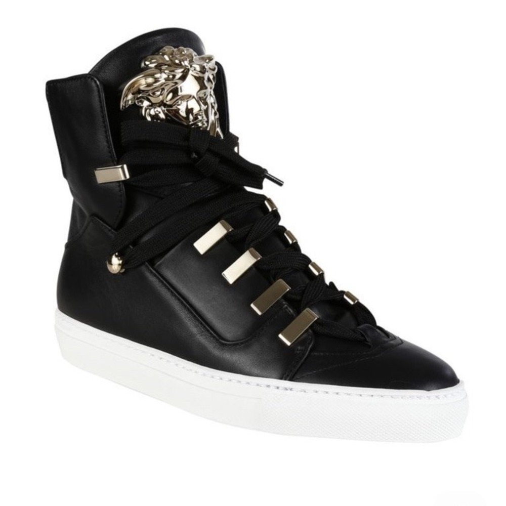 Versace Medusa High Top Sneakers Black‎ Gold Leather Made in Italy Size 40